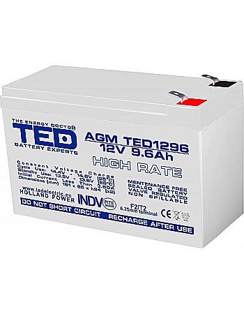 12 V - Acumulator stationar 12V 9,6Ah High Rate F2 AGM VRLA TED Electric TED1296