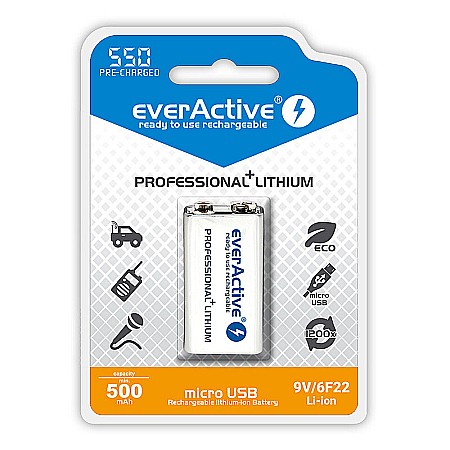Surse de energie - Acumulator tip 9V Li-ion 550mAh 1200 cicluri 6F22 cu incarcare directa la micro USB