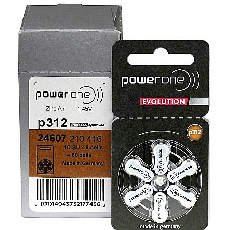 Baterii 312 PR41 PowerOne Evolution  Zinc-Aer 1.45V Pentru Aparate Auditive Cutie 60 Baterii