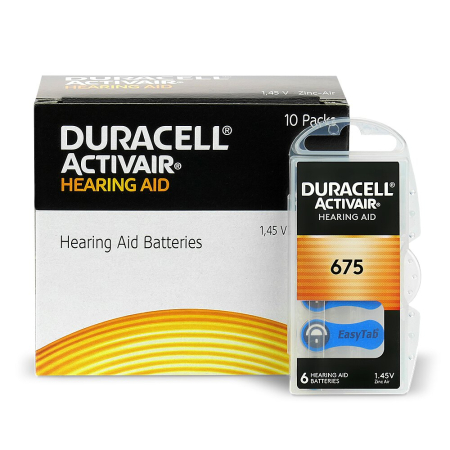 Baterii zinc aer tip 675 PR44 1,45V - Baterii Duracell 675 PR44 DA675 Zinc-Aer 1,45V Pentru Aparate Auditive Set 60 Baterii
