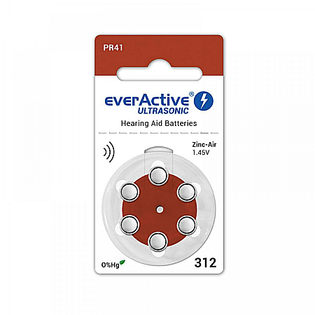 Baterii Zinc-Aer - Baterii EverActive Ultrasonic 312 PR41 Zinc-Aer 1,45V Pentru Aparate Auditive Set 6 Baterii