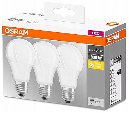 Becuri LED - Set 3 becuri LED Osram 8.5W E27 A60 2700k lumina calda