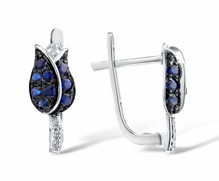 Cercei aur alb 14K cu safire royal blue și diamante | 6x17 mm | 2 g [2]