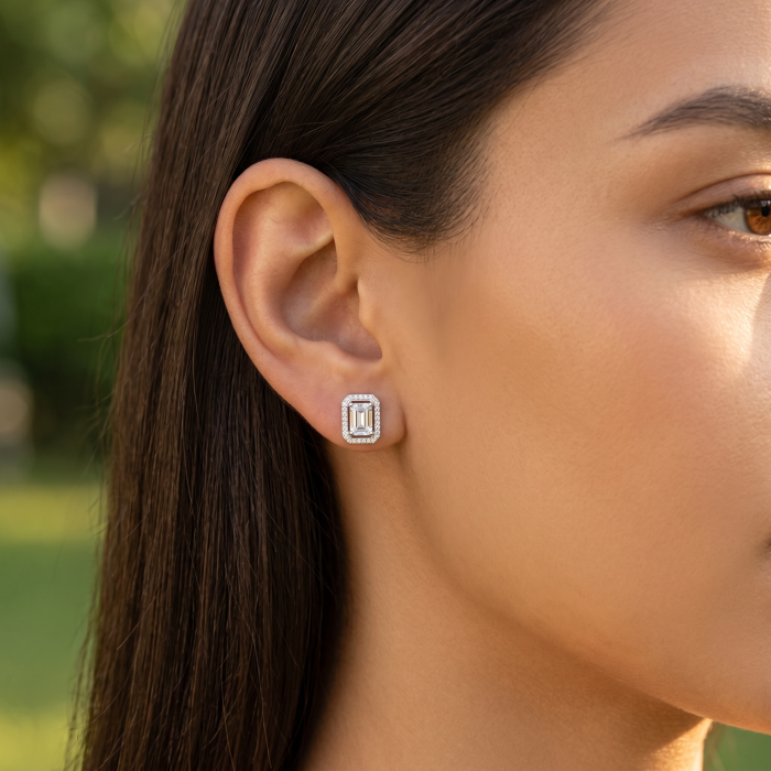 Emerald Cut Halo Stud Earrings [4]