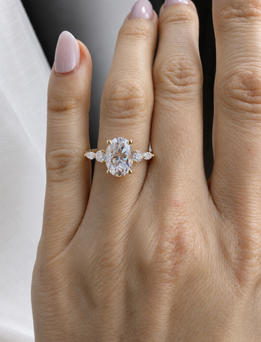 Inel de Logodnă Moissanite Oval cu Halo Ascuns & Pietre Laterale – The Everly [9]