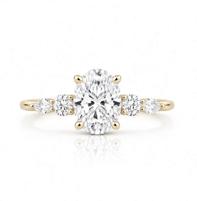 Inel de Logodnă Moissanite Oval cu Halo Ascuns & Pietre Laterale – The Everly [2]