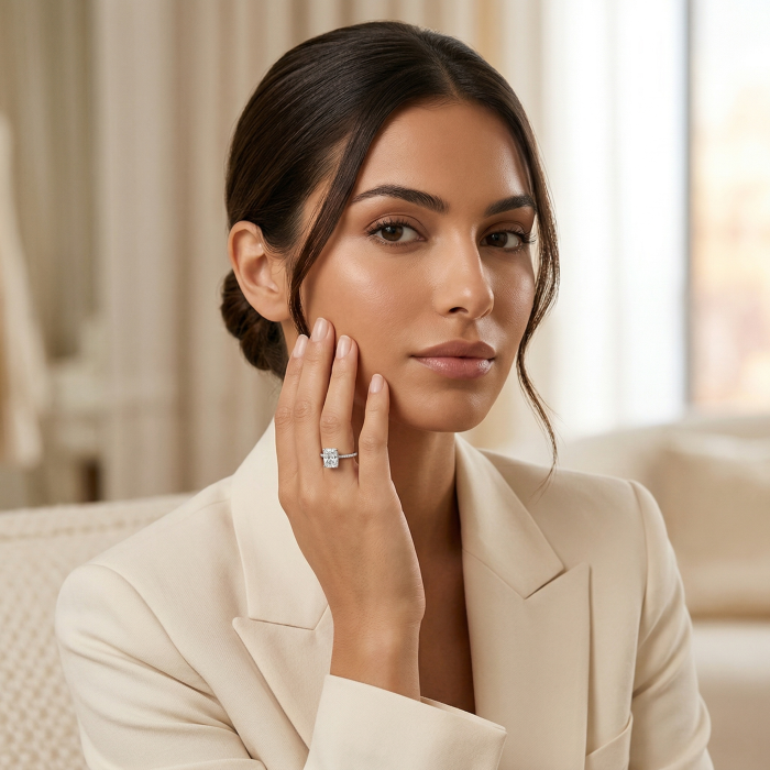 Inel de logodnă cu diamant de laborator radiant de 2 CT si hidden halo | Argint, Aur, Platina [5]