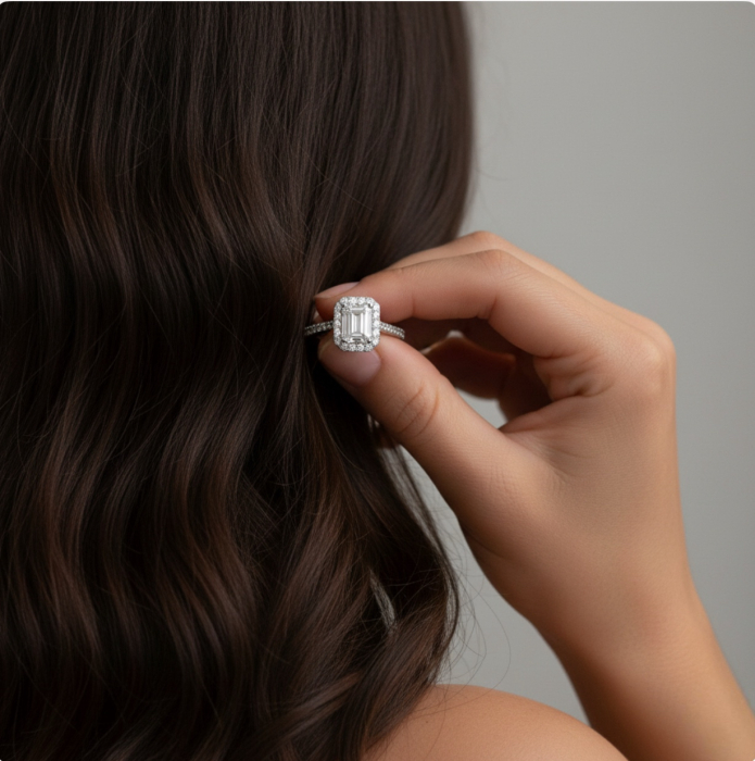 Inel de logodnă cu Moissanite Emerald si Halo 1 CT [5]