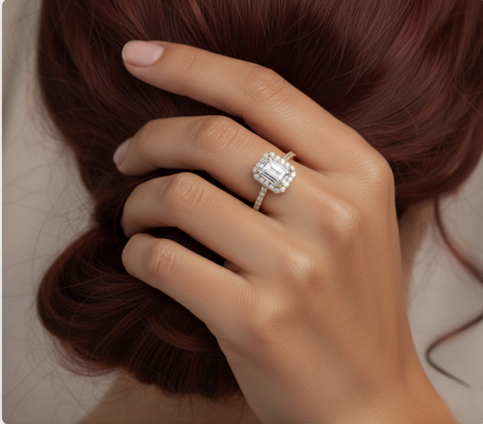Inel de logodnă cu Moissanite Emerald si Halo 1 CT [7]