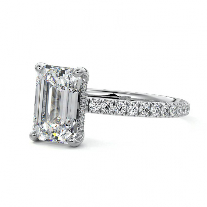 Inel logodnă diamant de laborator emerald cu pavé și hidden halo | Aur 10K 14K 18K sau platină [2]