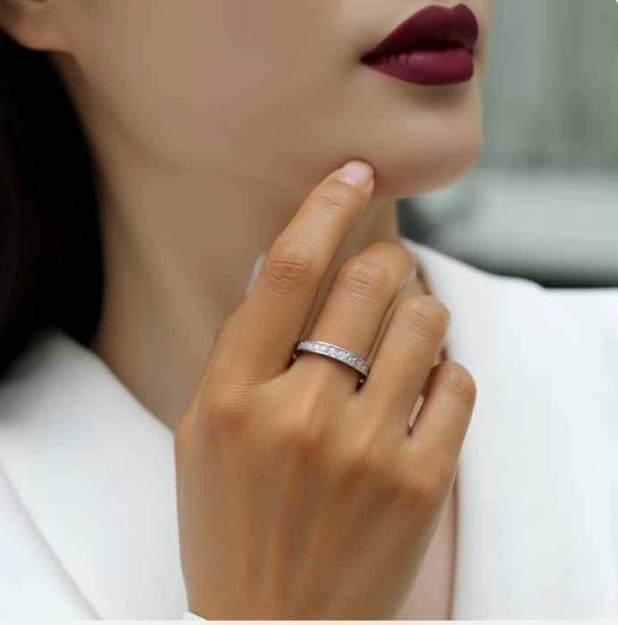 Inel eternity cu moissanite D VVS 2 mm, setare channel, argint placat cu platină / aur [5]