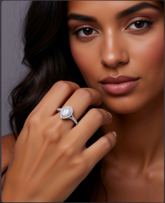 Inel Pear Double Halo Band Pave 1,75 CT [6]