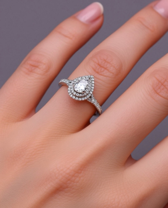 Inel Pear Double Halo Band Pave 1,75 CT [5]