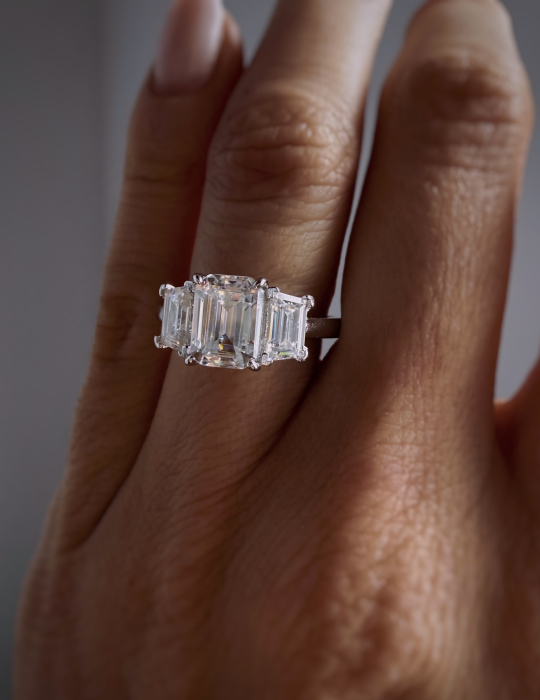 Engagement ring with 2.6 CT emerald moissanite trilogy model | Gold, Platinum [6]