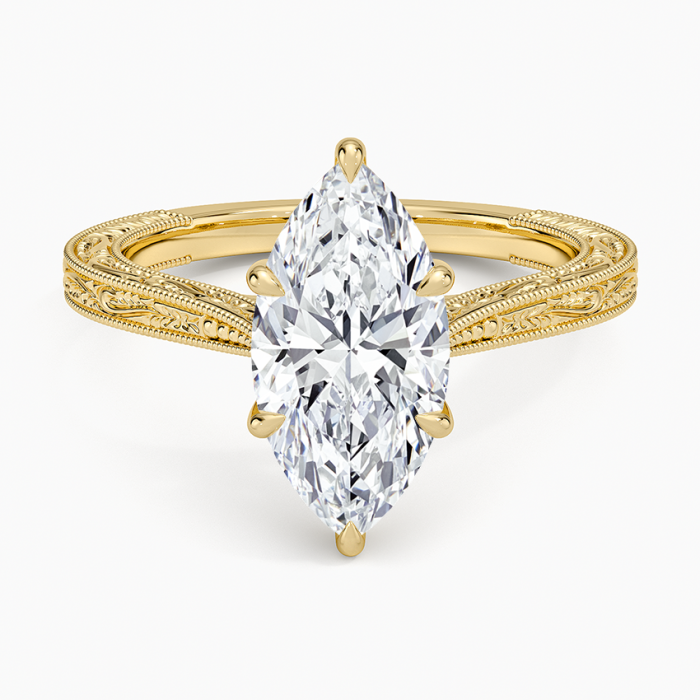 Vintage engagement ring with 2 CT D VVS moissanite, milgrain and floral details | Gold, platinum [2]
