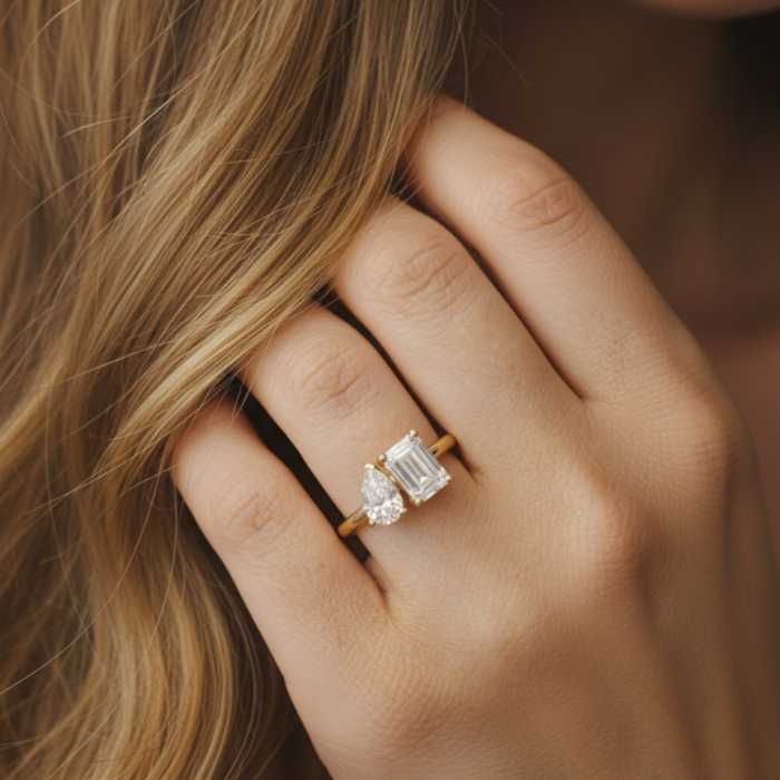 Inel Toi et Moi Emerald & Pear 2 CT Diamante de Laborator [12]