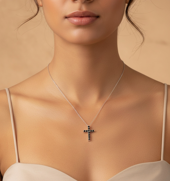 Lant din argint placat cu platină cu pandantiv cruce și moissanite negre – Bijuterie elegantă pentru femei și bărbați [5]