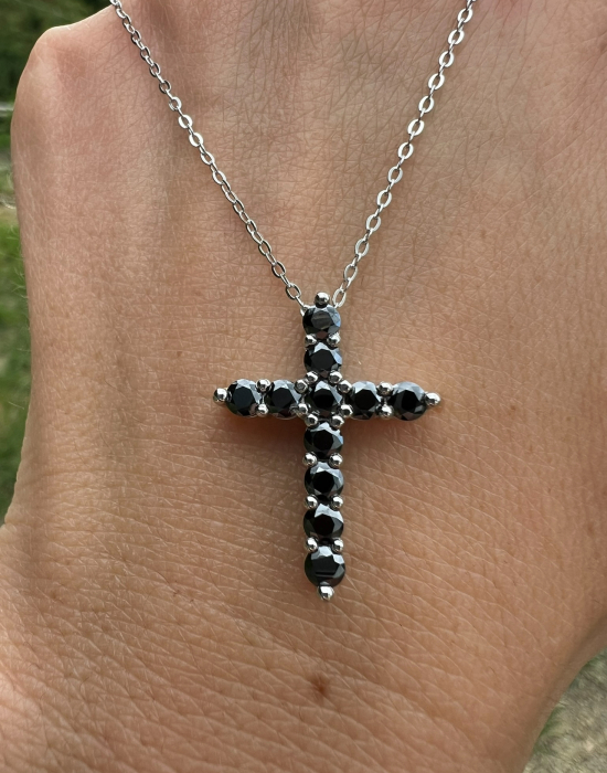 Lant din argint placat cu platină cu pandantiv cruce și moissanite negre – Bijuterie elegantă pentru femei și bărbați [3]