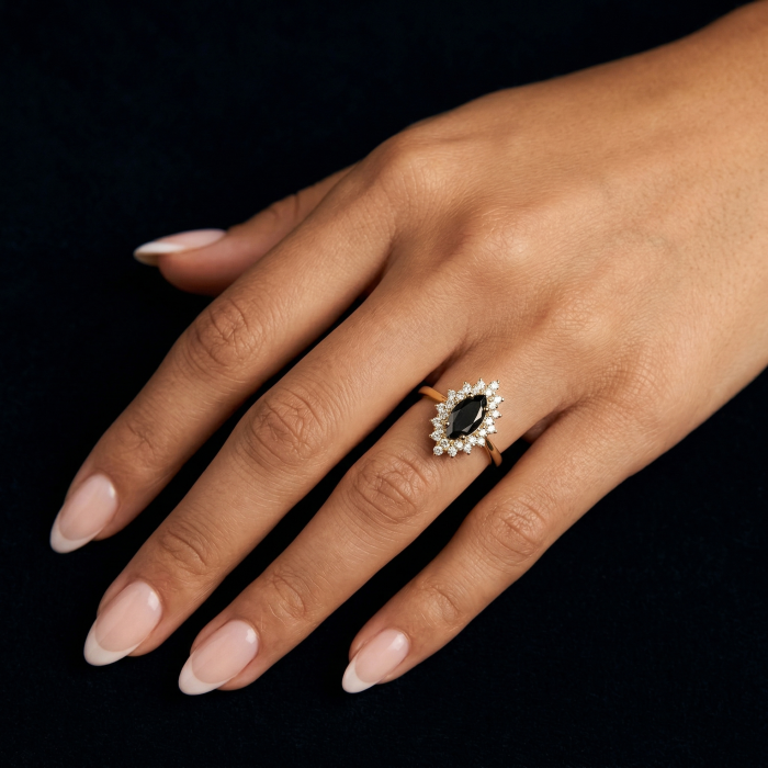 Inel Logodnă Moissanite Negru 1.5 ct Marquise Halo Dublu | Aur & Platină [6]