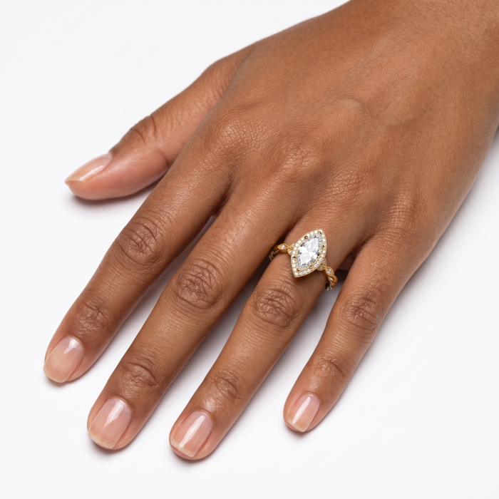Inel Logodna Moissanite Marchiz & Halo– Milgrain si Detalii Vintage [10]