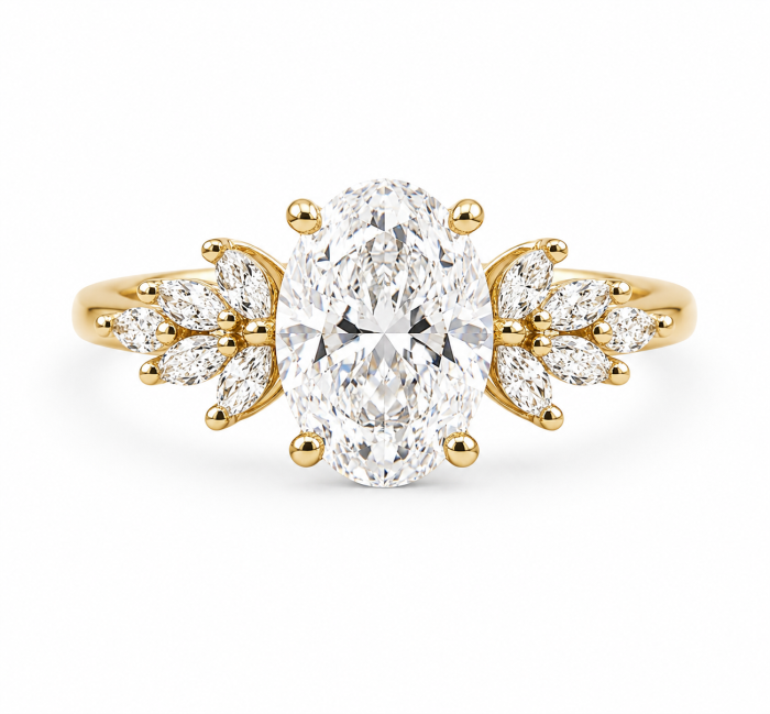 Inel de logodnă oval cu moissanite D VVS1 și accente marquise [2]