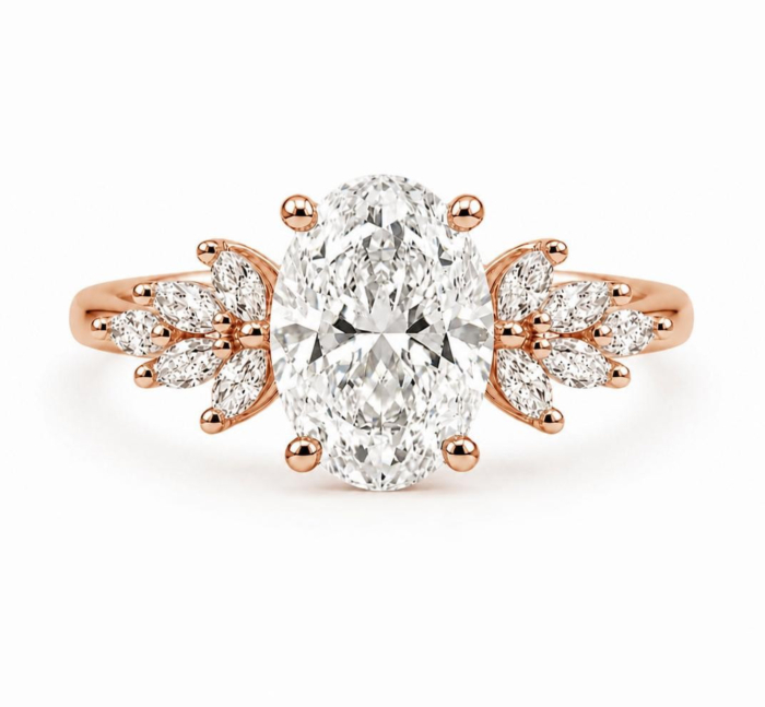 Inel de logodnă oval cu moissanite D VVS1 și accente marquise [3]