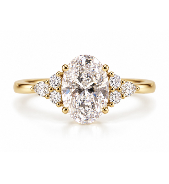 Inel de Logodna cu Moissanite Oval 1-4 Carate D VVS1 cu Moissanite Marquise și Rotunde | Aur sau Platina [3]