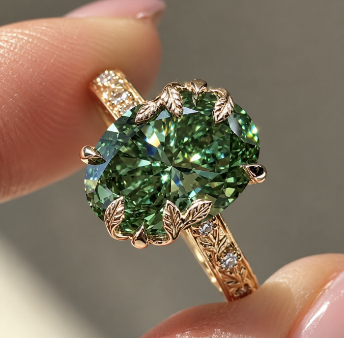 Inel cu Diamant de Laborator Verde Oval | Tulip Setting & Euro Shank [11]