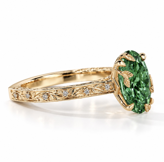 Inel cu Diamant de Laborator Verde Oval | Tulip Setting & Euro Shank [5]