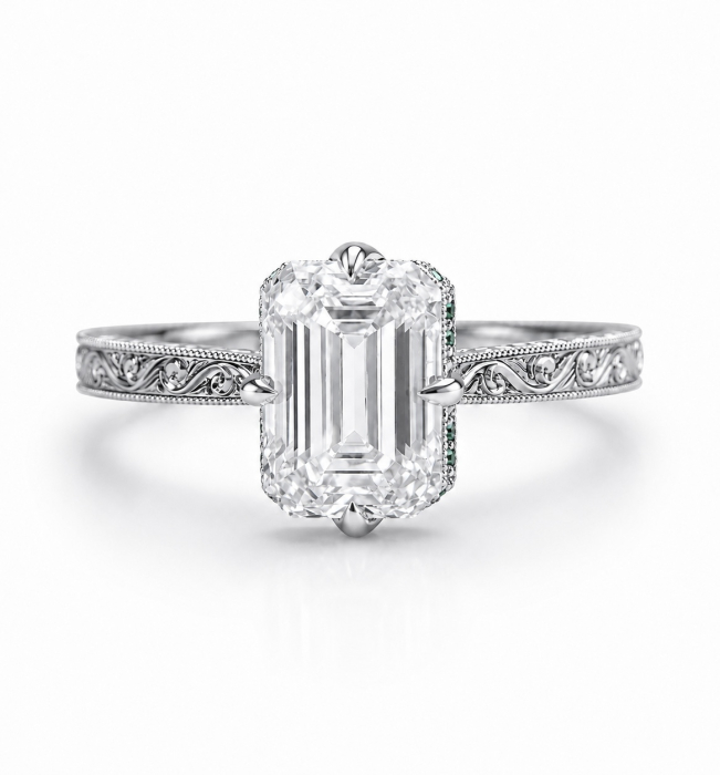 – Emerald Cut Lab-Ground Diamond Engagement Ring and Hidden Halo with Emeralds [1]