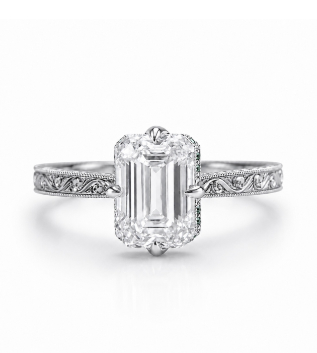 – Emerald Cut Lab-Grown Diamond Engagement Ring and Hidden Halo with Emeralds [1]
