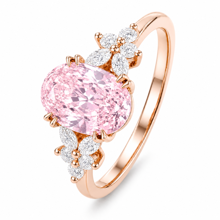 Inel de Logodna cu Diamant de Laborator Roz Oval și Diamante Marchize si Rotunde| Argint, aur sau Platină [6]