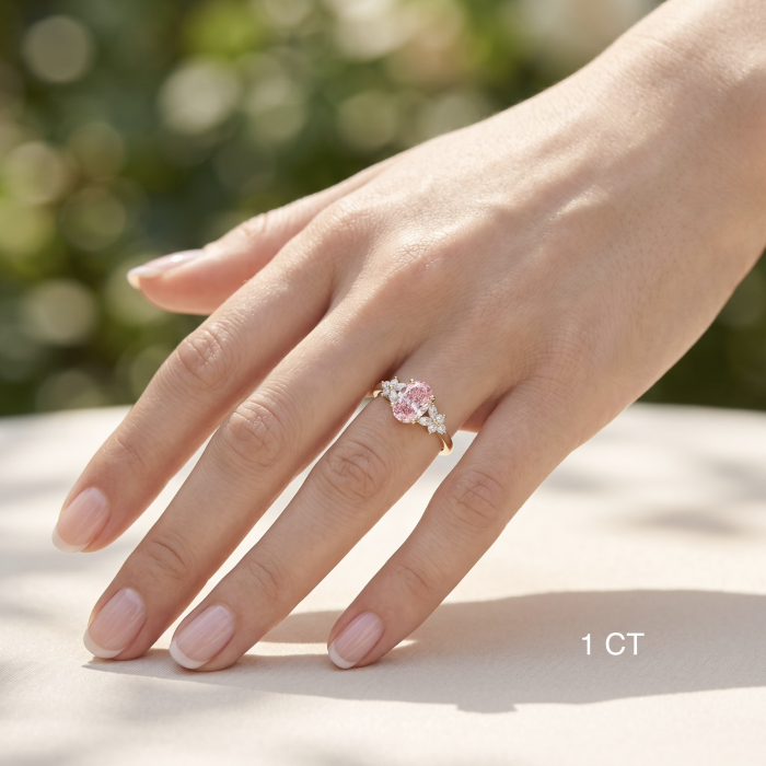 Inel de Logodna cu Diamant de Laborator Roz Oval și Diamante Marchize si Rotunde| Argint, aur sau Platină [8]