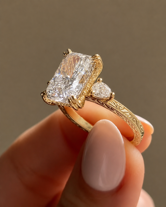 Radiant E VS1 Lab-Ground Diamond Engagement Ring | Hidden Halo Vintage | Silver, Gold, Platinum [10]