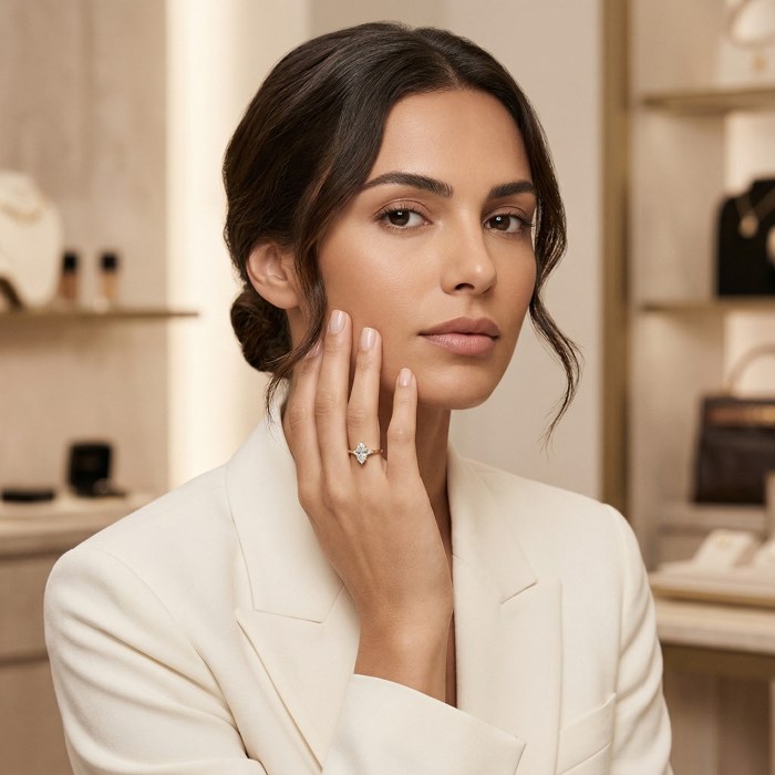 Inel de logodnă diamant laborator marchiz E VS1 cu diamante laterale și safir | Argint, Aur sau Platina [13]