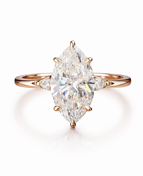 Inel de logodnă diamant laborator marchiz E VS1 cu diamante laterale și safir | Argint, Aur sau Platina [3]