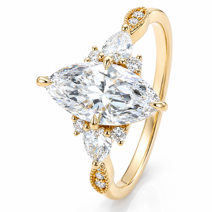 Marquise Lab-Ground Diamond Engagement Ring with Pear & Round Side Diamonds | Vintage Milgrain Design [4]