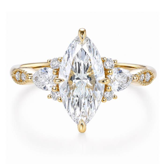 Marquise Lab-Ground Diamond Engagement Ring with Pear & Round Side Diamonds | Vintage Milgrain Design [3]