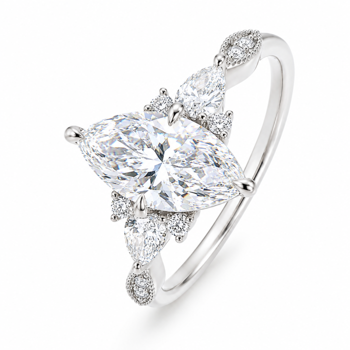 Marquise Lab-Ground Diamond Engagement Ring with Pear & Round Side Diamonds | Vintage Milgrain Design [6]