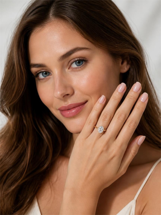 Inel de logodnă cu diamant de laborator oval E VS1, setare florala | Argint, Aur sau Platină [15]