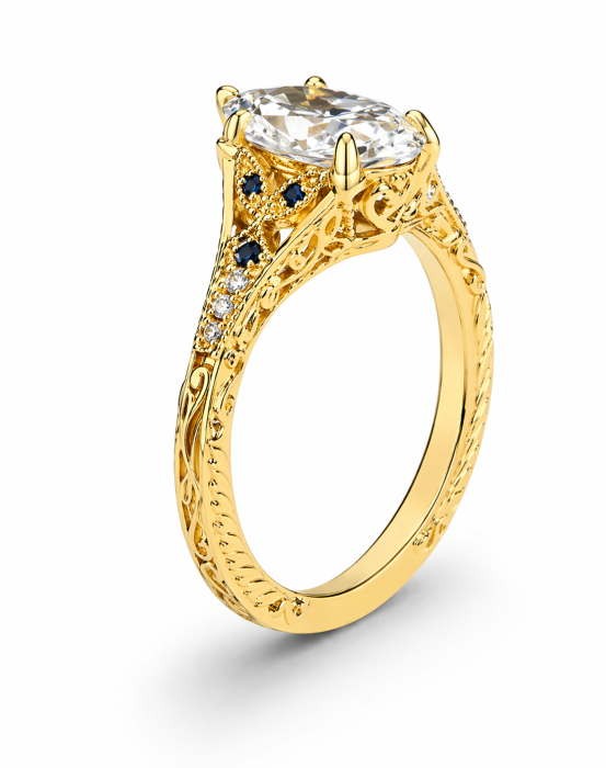 Inel de logodna cu moissanite marchiz și safire albastre – inel vintage aur sau platină [6]