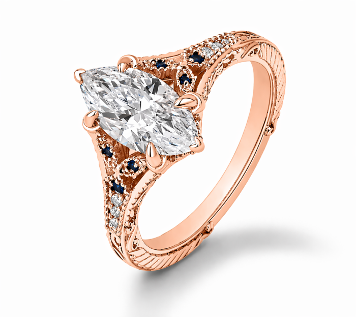 Inel de logodna cu moissanite marchiz și safire albastre – inel vintage aur sau platină [8]