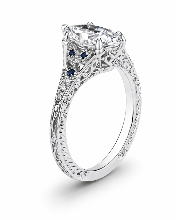 Inel de logodna cu moissanite marchiz și safire albastre – inel vintage aur sau platină [4]