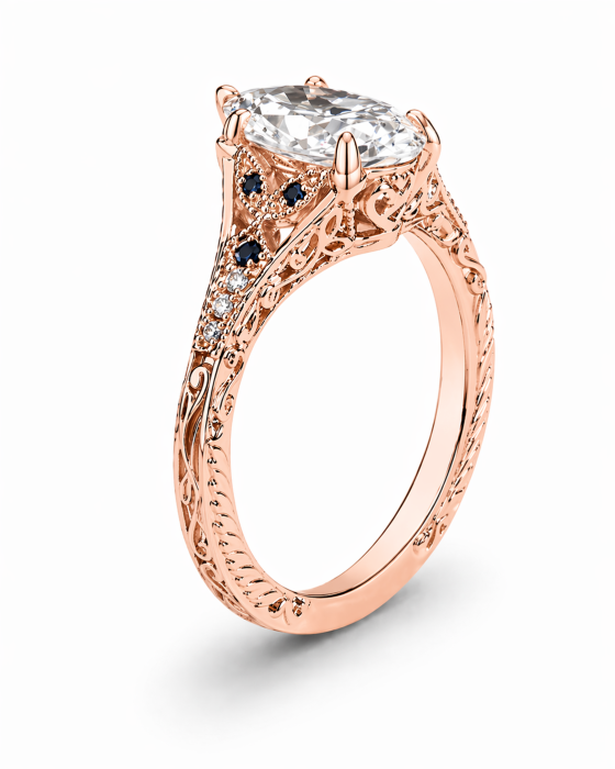 Inel de logodna cu moissanite marchiz și safire albastre – inel vintage aur sau platină [5]