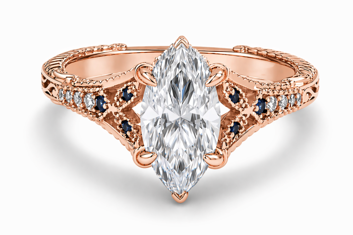 Inel de logodna cu moissanite marchiz și safire albastre – inel vintage aur sau platină [2]