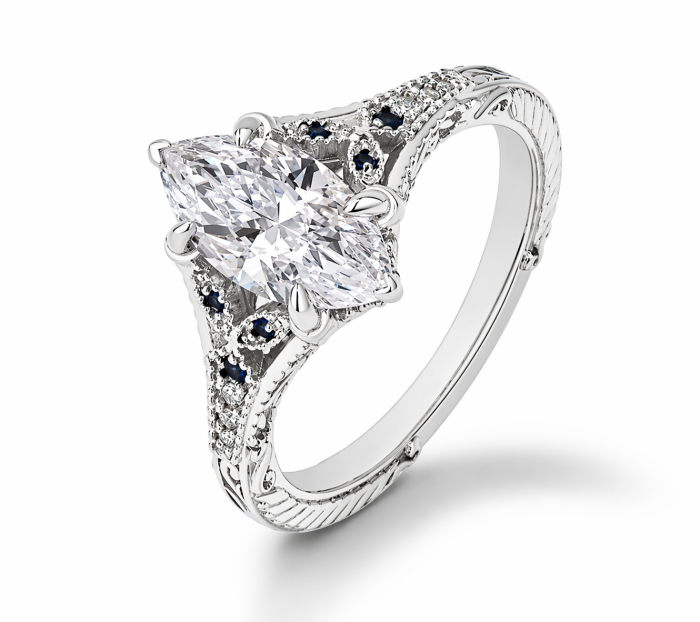 Inel de logodna cu moissanite marchiz și safire albastre – inel vintage aur sau platină [7]