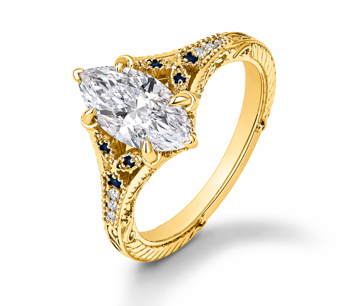 Inel de logodna cu moissanite marchiz și safire albastre – inel vintage aur sau platină [9]