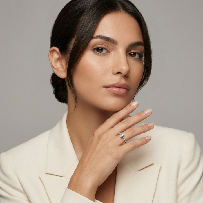 Inel logodnă moissanite 1 CT pară (pear) cu pavé și hidden halo | Aur sau platină [7]