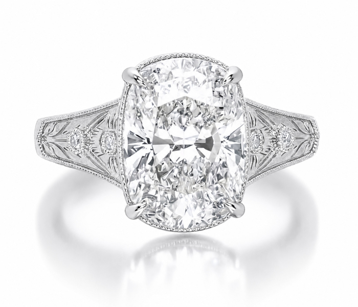 Elongated Cushion Old Mine Cut Vintage Lab-Grown Diamond Engagement Ring | Filigree and Milgrain | Silver, Gold or Platinum [1]