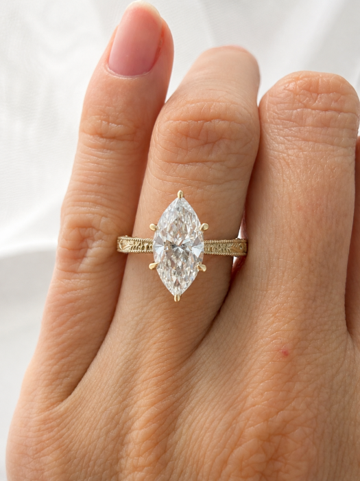 Inel de logodna cu moissanite marchiz D VVS milgrain si detalii florale | Aur, platina [11]